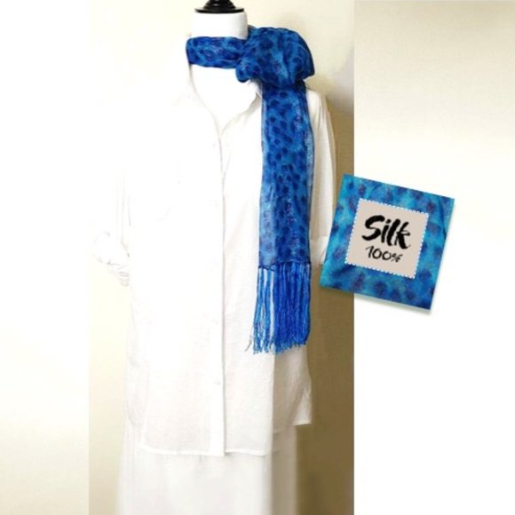 100% Silk Rectangle Scarf Sheer Blue Leopard Animal Print Silvery Dots Tassels - Picture 3 of 12